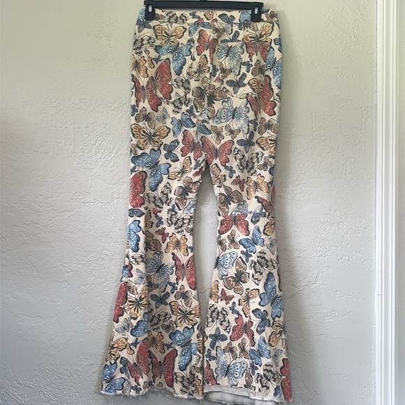 Free People Just Float On Butterfly Print flare leg raw hem denim Pants 32 - Picture 11 of 13